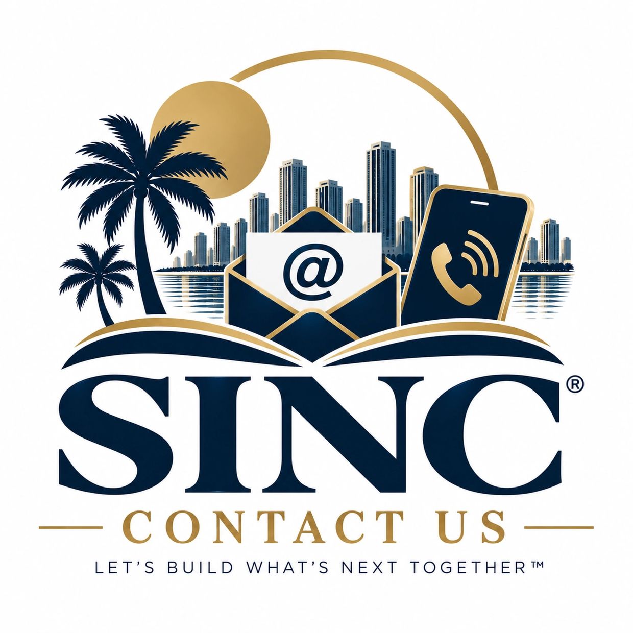 SINC contact us logo with cityscape and communication icons.