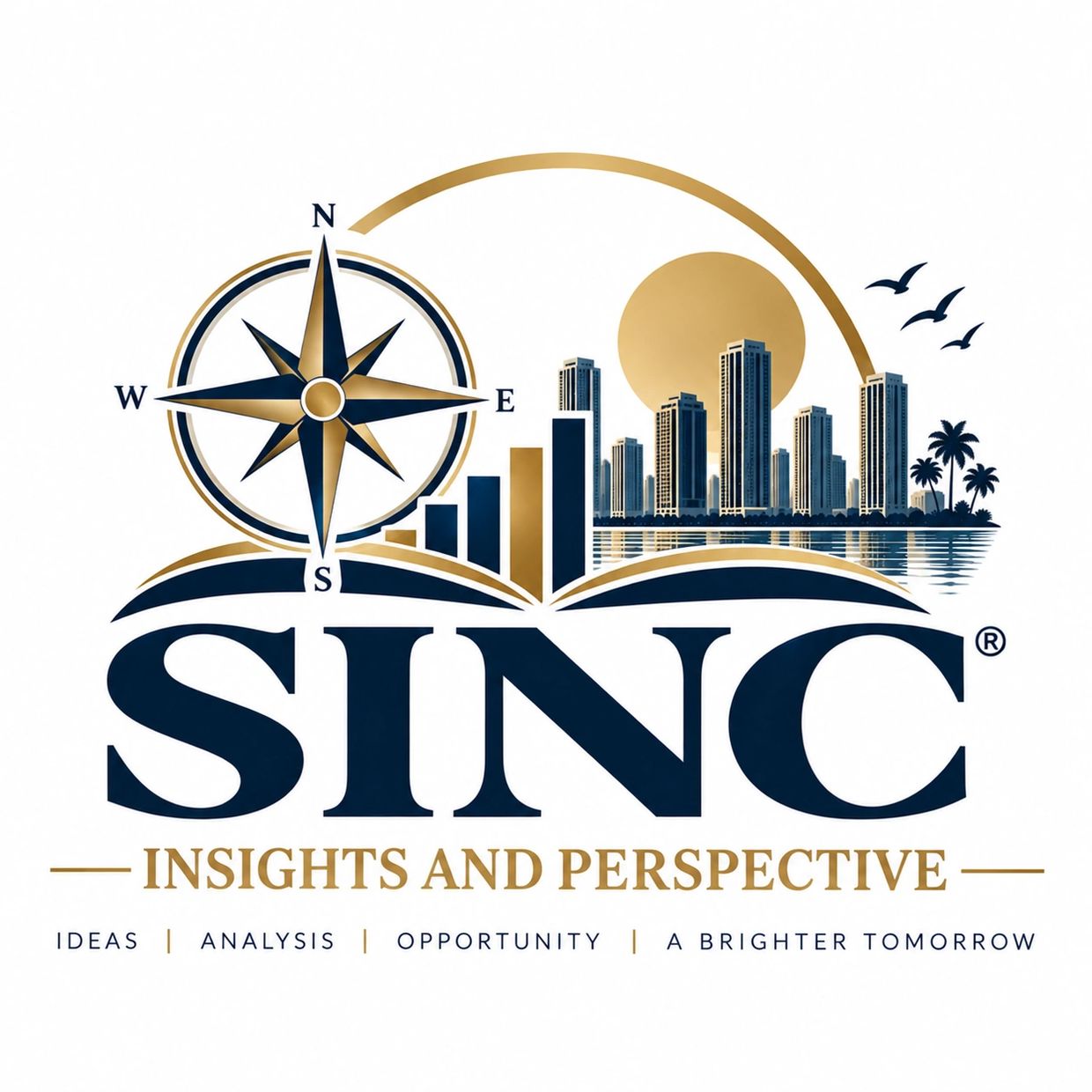 Logo with compass, cityscape, and text SINC Insights and Perspective.