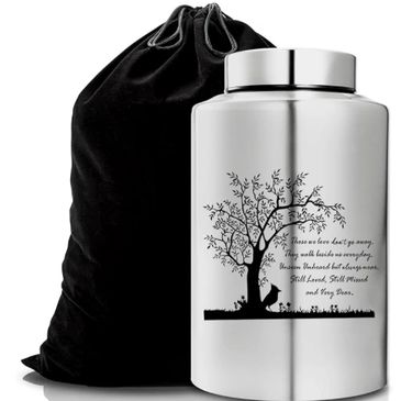 Image of stainless steel metal cremated ashes urn with tree of life logo and black velvet storage ba