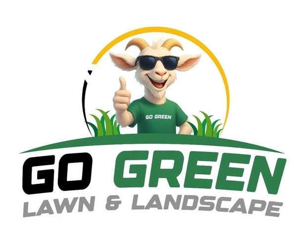 Cartoon goat with sunglasses promoting Go Green Lawn &amp; Landscape.