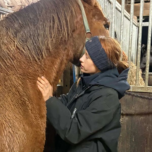 Woman embraces a large brown horse inside a stable.