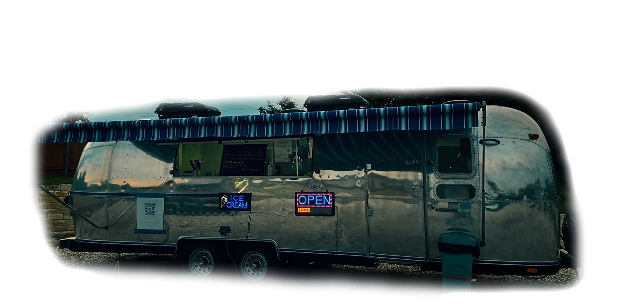 Gleaming Airstream trailer open for business to sell premium ice cream.
