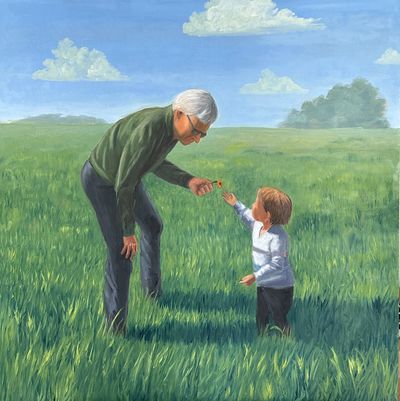 Handing flower from Grandpa to granddaughter.  oil on panel 