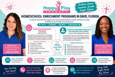 Happy Play Therapy Homeschool Enrichment Programs flyer with details on Christian programs in Davie, Florida.