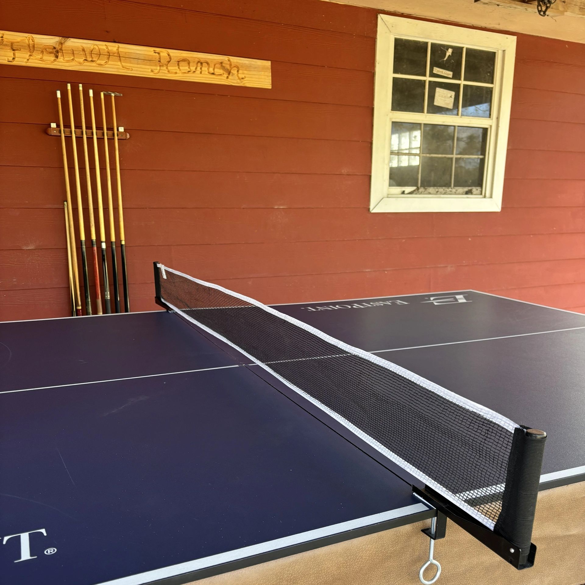 Ping pong table with net and cues.