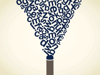 An alphabet of individual letters funnels into a pencil. 
