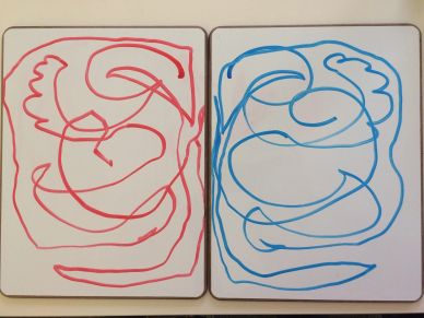 An abstract, two-handed drawing that loosely resembles brain structures. 