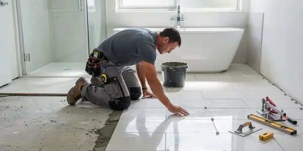 A worker installs white floor tiles in a bathroom under construction.