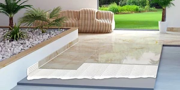 Modern living space with sleek tiled flooring and stylish seating.