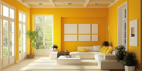 Bright yellow living room with modern white furniture and large windows.