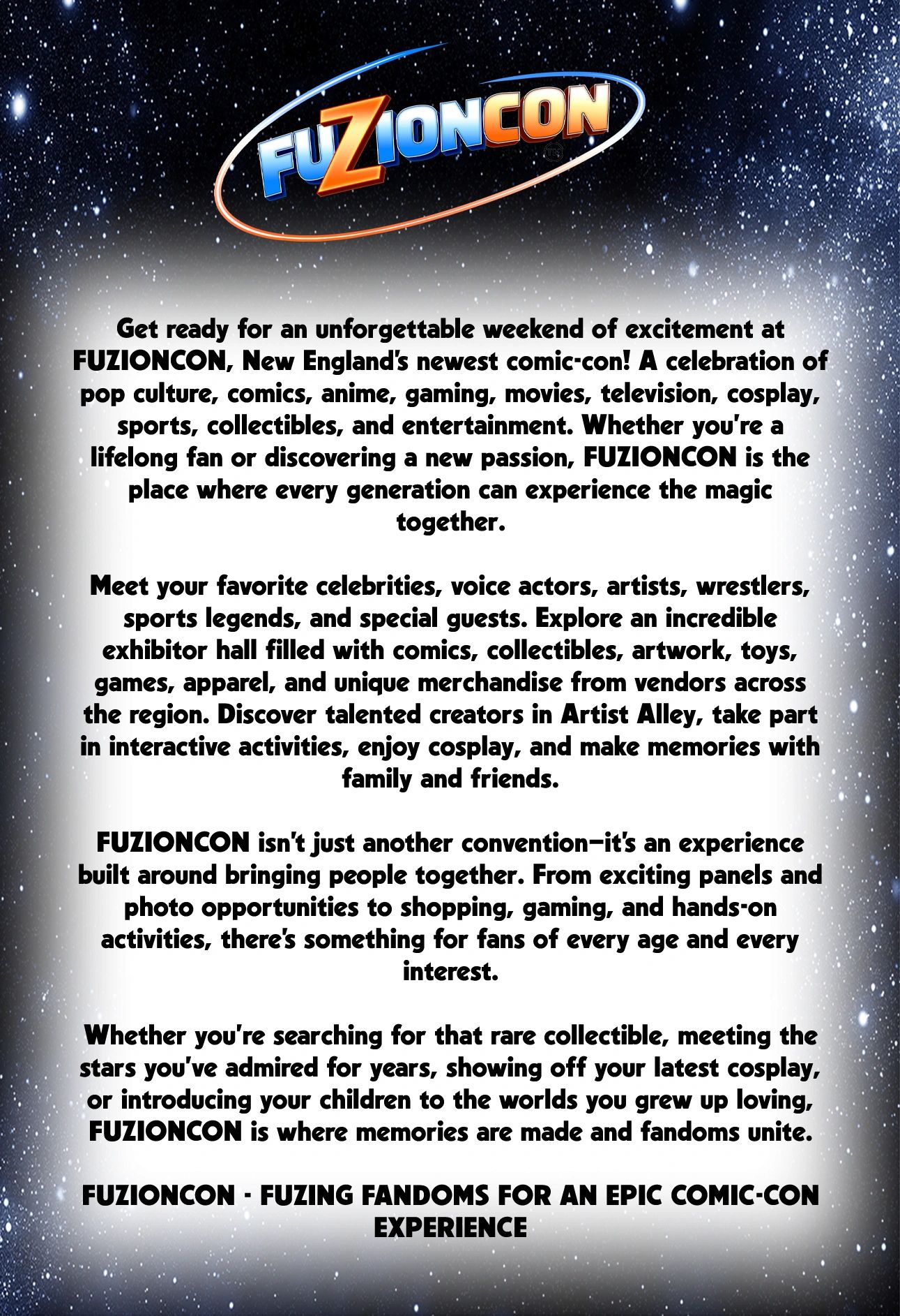 FUZIONCON: A dynamic New England comic-con celebrating pop culture, comics, anime, gaming, and more.