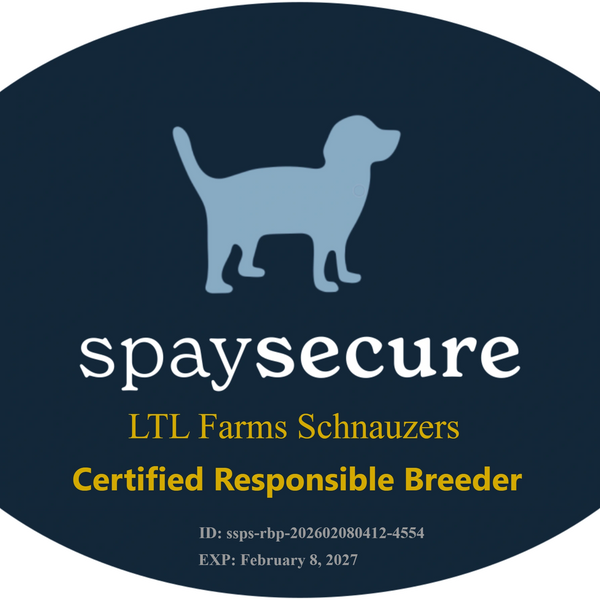 Logo of a certified responsible breeder for LTL Farms Schnauzers.