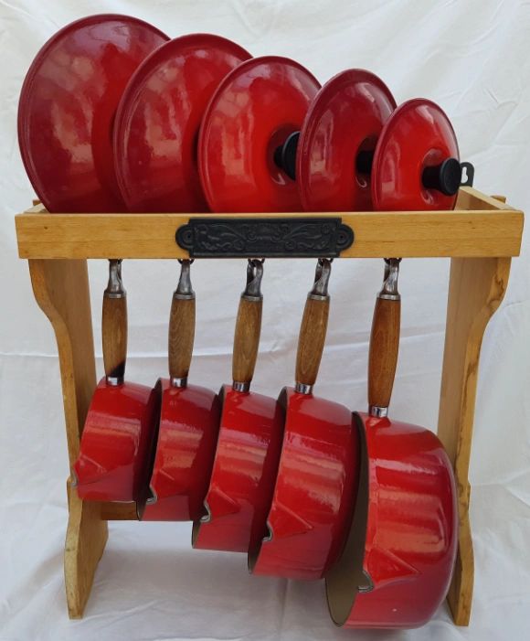 5 Piece Le Creuset Pan Set in Cerise Red with Wooden Stand