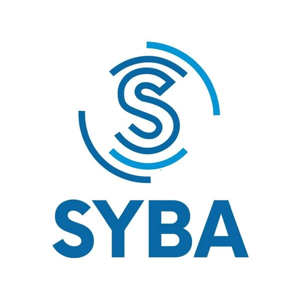 Blue logo with letter S and text SYBA.