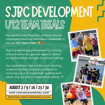 SJBC Development U12 Team Trials announcement for beginner basketball players.