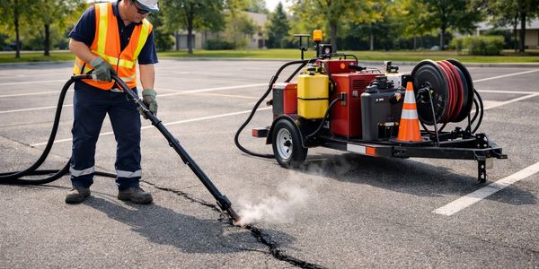 Worker sealing cracks on asphalt parking lot using specialized equipment.