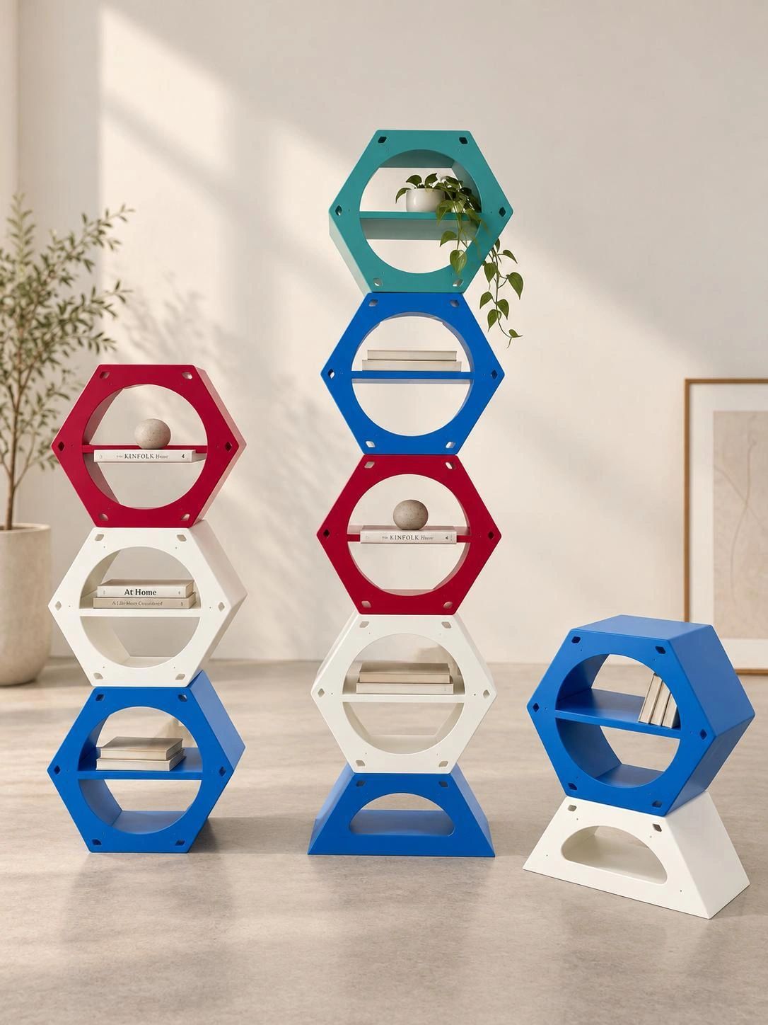 Étagères hexagonales colorées avec des livres et une plante.