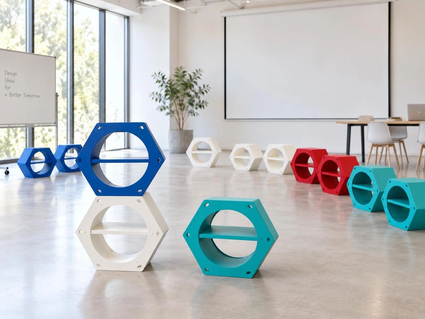 Salle moderne avec meubles hexagonaux colorés.