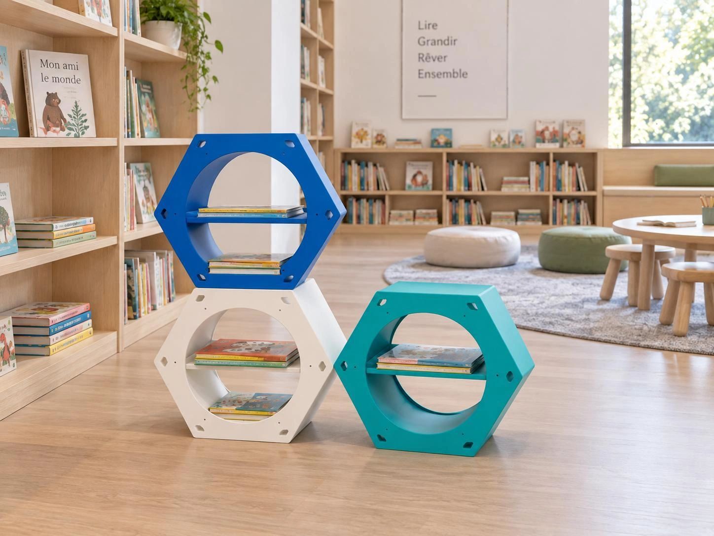 Bibliothèque colorée pour enfants avec livres et sièges confortables.