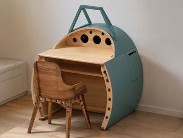 Bureau compact en bois avec chaise assortie dans un coin.