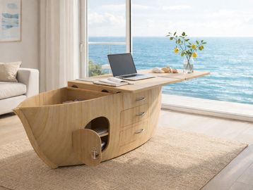 Bureau en bois en forme de bateau avec vue sur la mer.