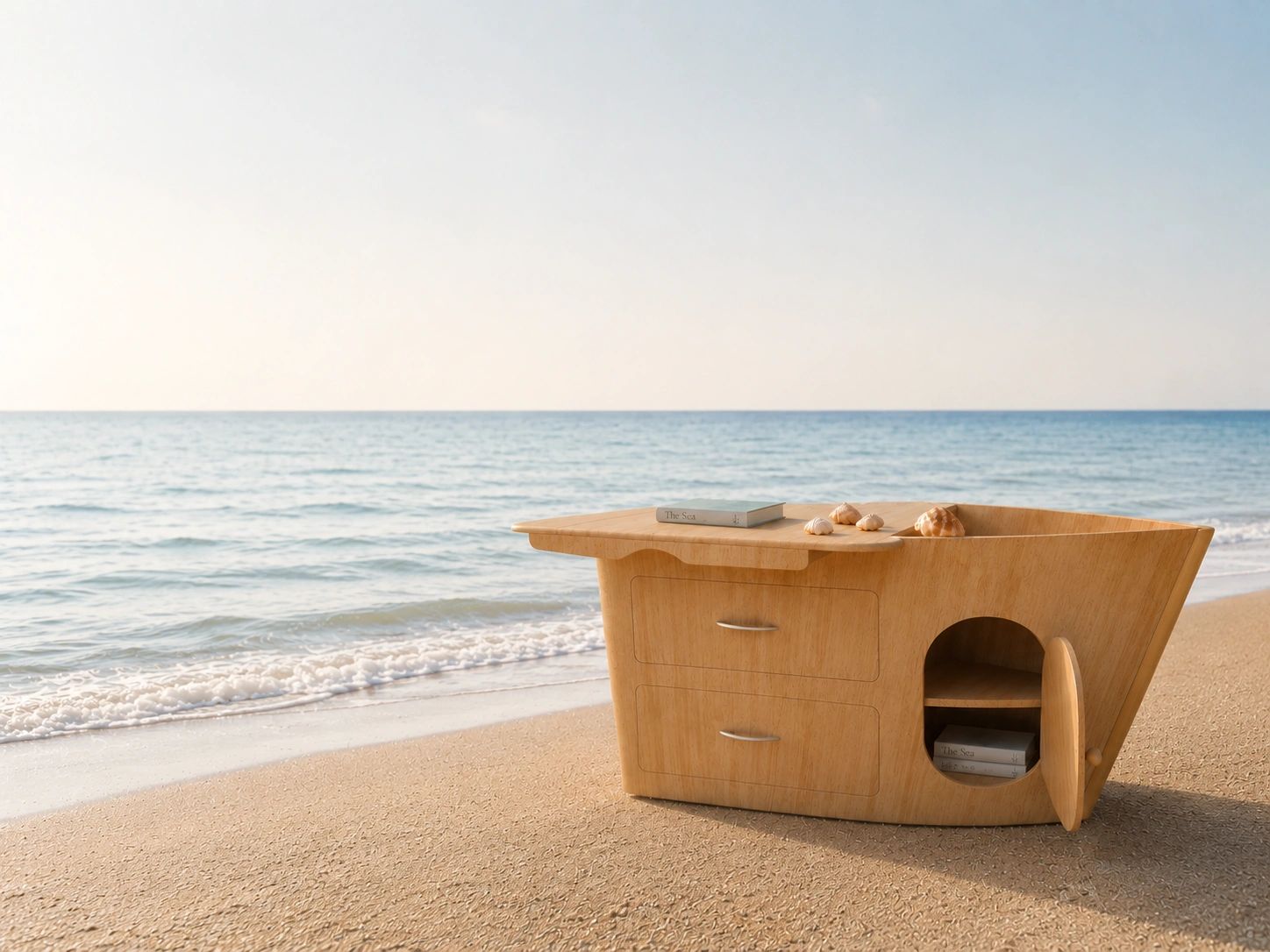 Wooden beach-themed cabinet on sandy shore with seashells and books.