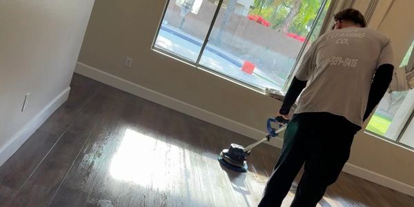 Owner-operated wood-look tile floor machine scrubbing and buffing in Goodyear, AZ.