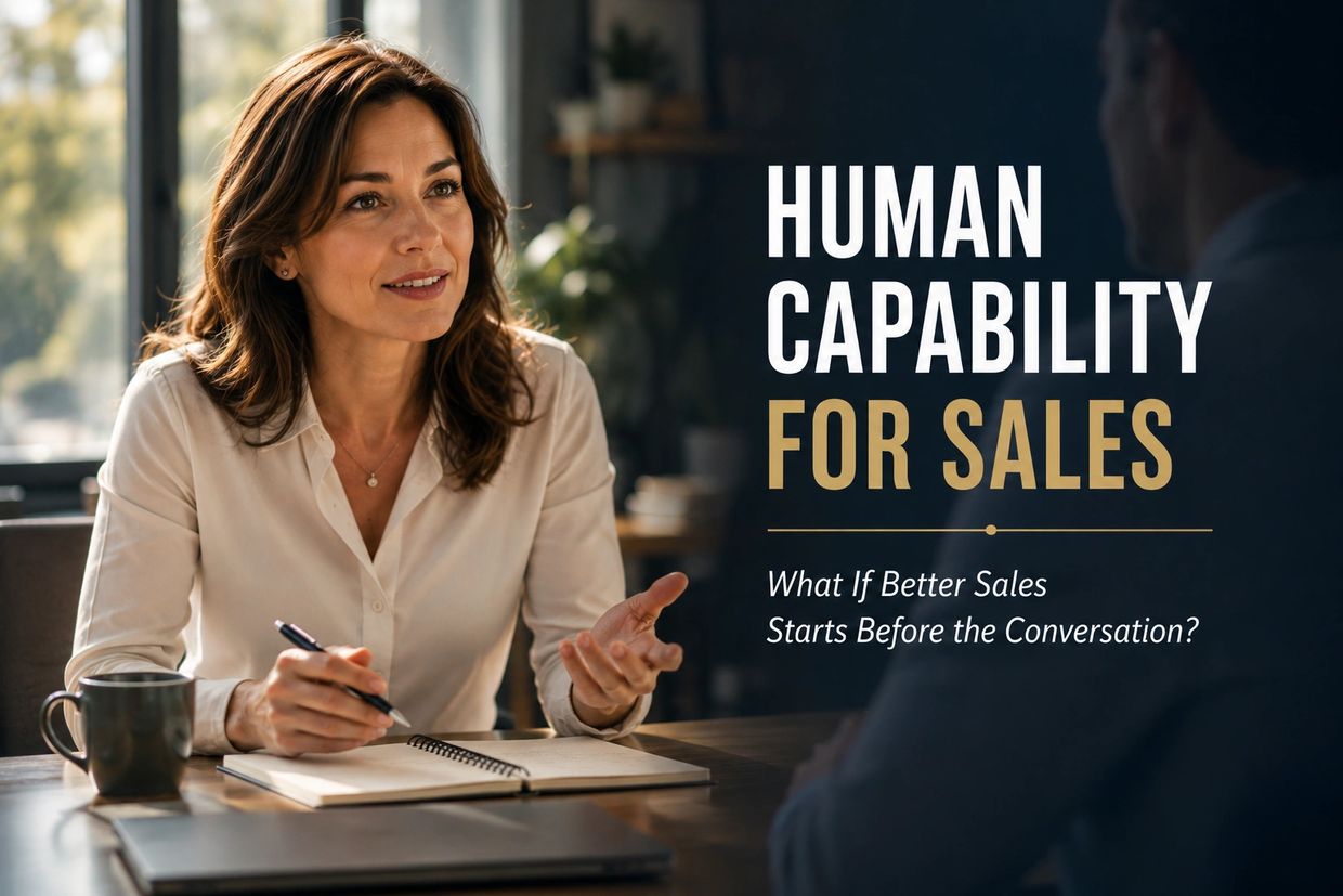 Woman discussing sales strategy with text overlay on human capability for sales.