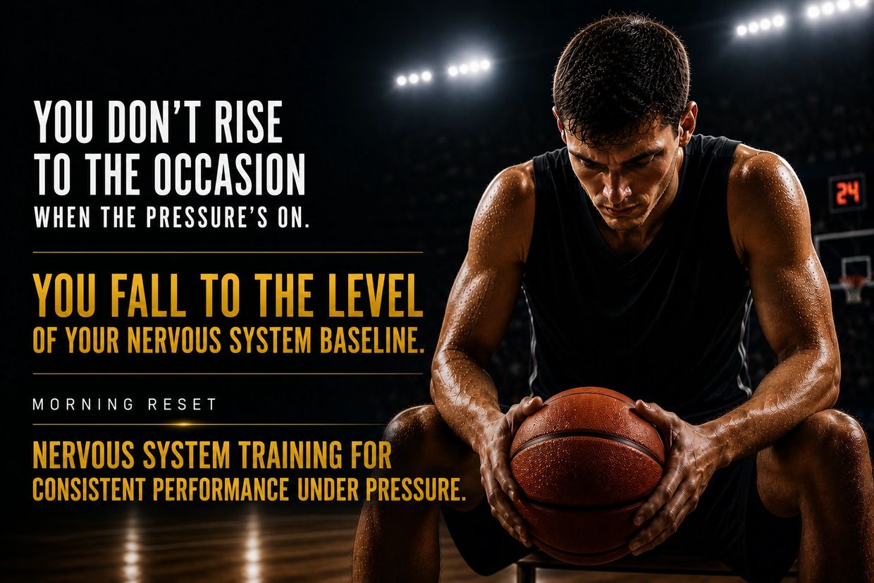 A focused basketball player prepares mentally with a motivational quote about pressure and nervous system training.