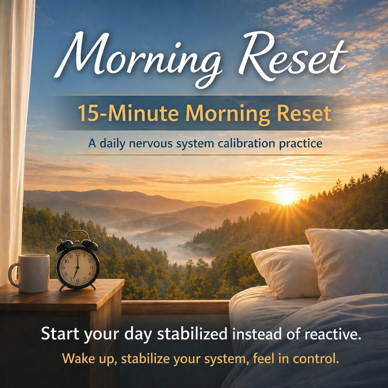 15-minute morning reset for nervous system calibration with sunrise view.