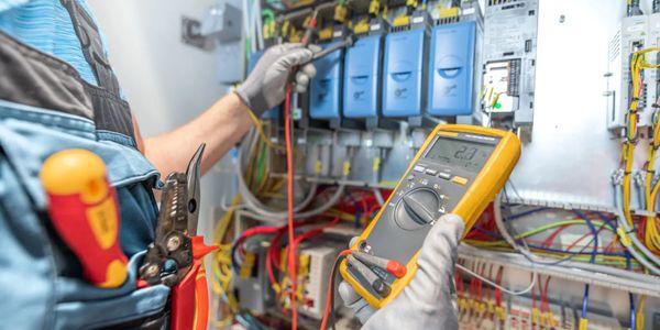 Electrician using a multimeter to test an electrical panel.