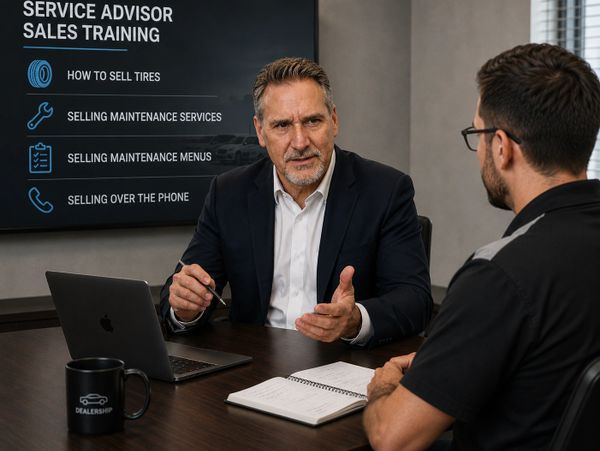 Two men in a sales training meeting discussing service advisor skills.