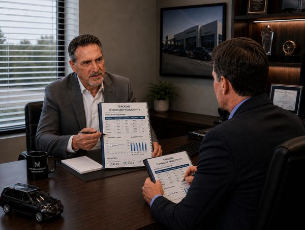 Two businessmen discuss technician productivity data during a meeting.