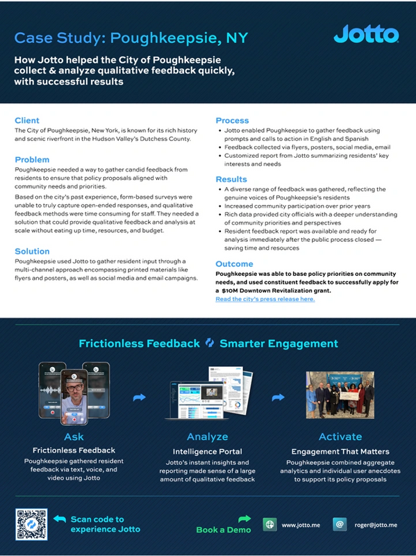 Case study on how Jotto helped Poughkeepsie collect and analyze community feedback efficiently.