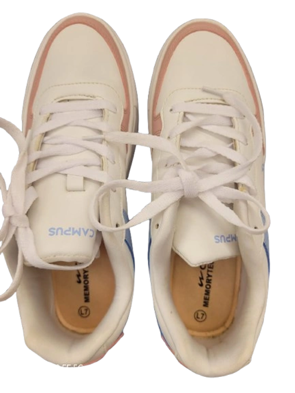White and pink sneakers with laces tied together.