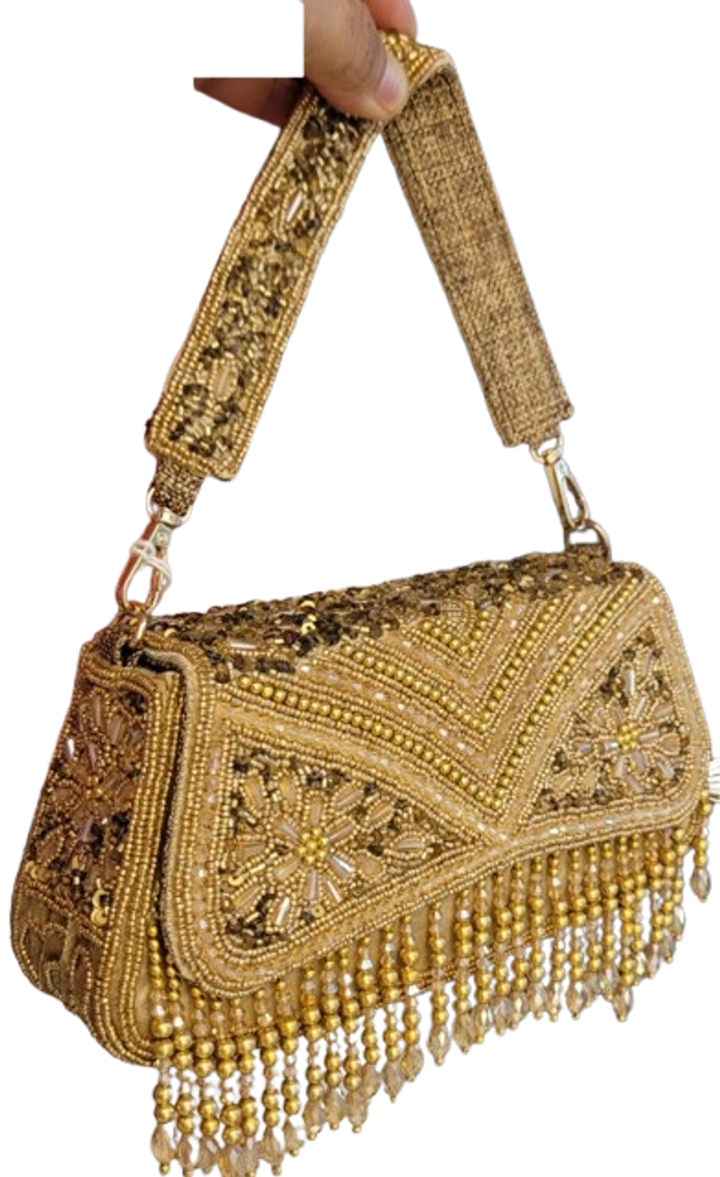 Handcrafted golden party purse with premium metallic bead embroidery and crystal fringes. ₹2660