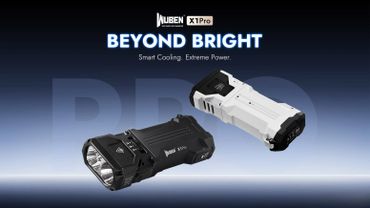 Two rugged Nuben X1 Pro flashlights in black and white under the slogan Beyond Bright.