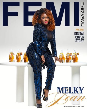 Melky Jean graces FEMI Magazine's May 2025 digital cover in a striking blue outfit.