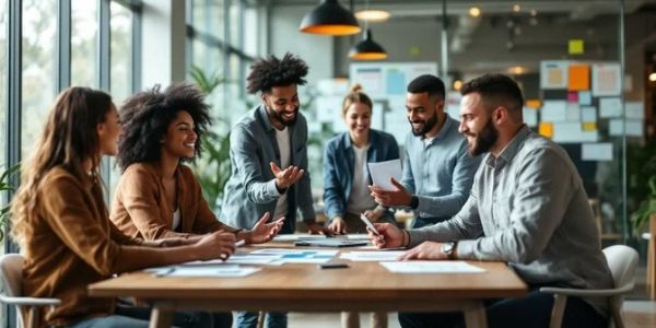 A diverse team collaborating enthusiastically in a modern office meeting.