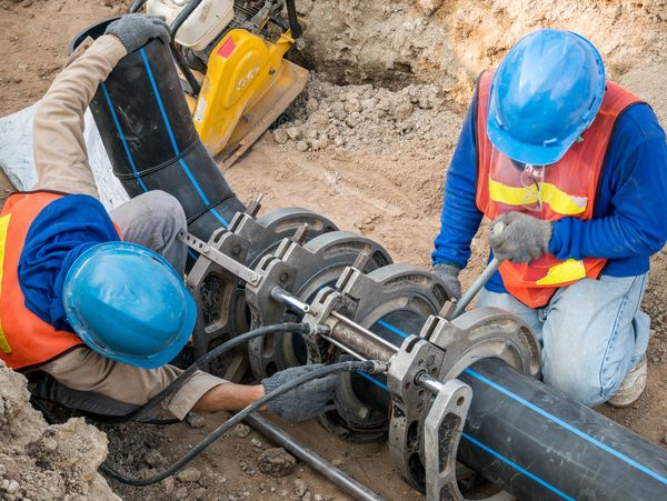 Two engineers working on a water pipe