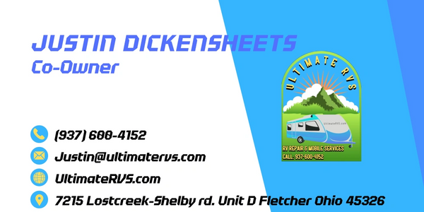 Business card for Justin Dickensheets, Co-Owner of Ultimate RVs with contact details and logo.