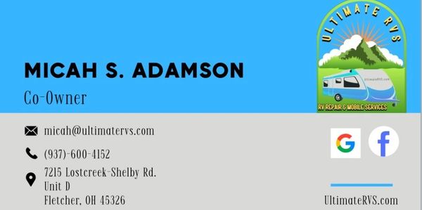 Business card for Micah S. Adamson, Co-Owner of Ultimate RVs, with contact details.