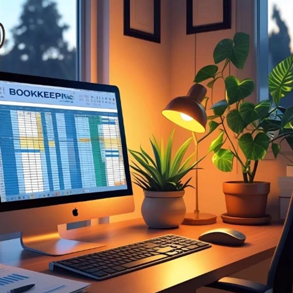 Cozy workspace with bookkeeping on screen, plants, and warm lighting.