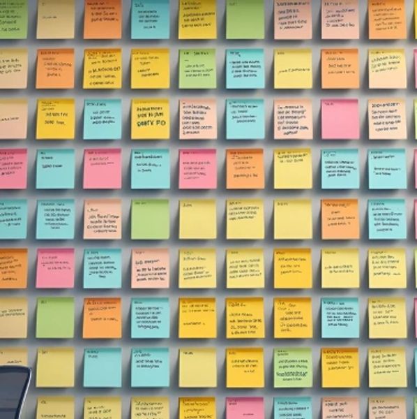 A wall covered with colorful sticky notes filled with handwritten ideas and tasks.