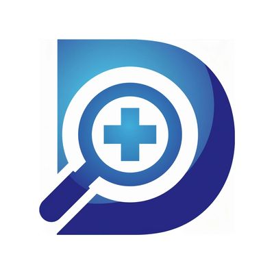 Magnifying glass with a medical cross inside on a blue background.
