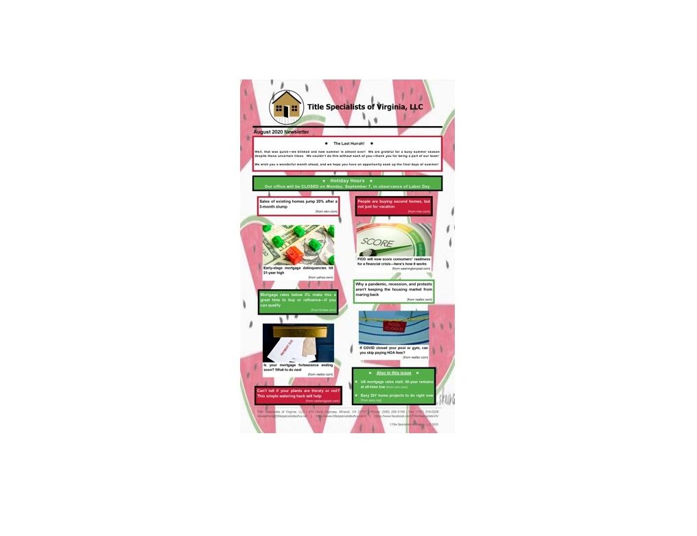 Title Specialists of Virginia August 2020 newsletter with real estate and mortgage updates.