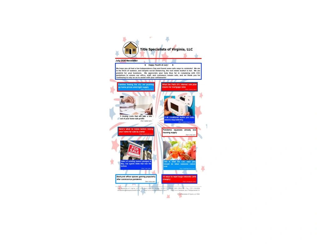 July 2020 newsletter from Title Specialists of Virginia with real estate tips and pandemic info.