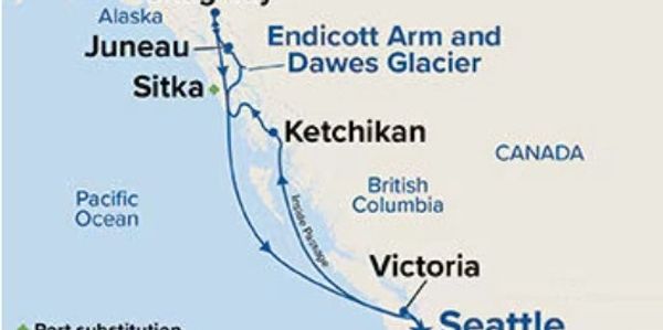 Map showing a cruise route from Seattle to Alaska with stops in Victoria, Ketchikan, Sitka, and Juneau.