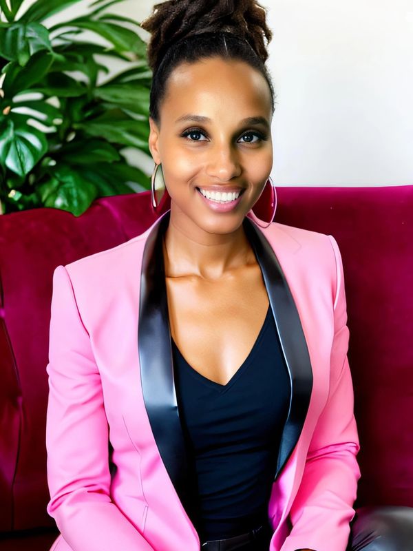 Smiling woman in pink blazer sitting on red chair.