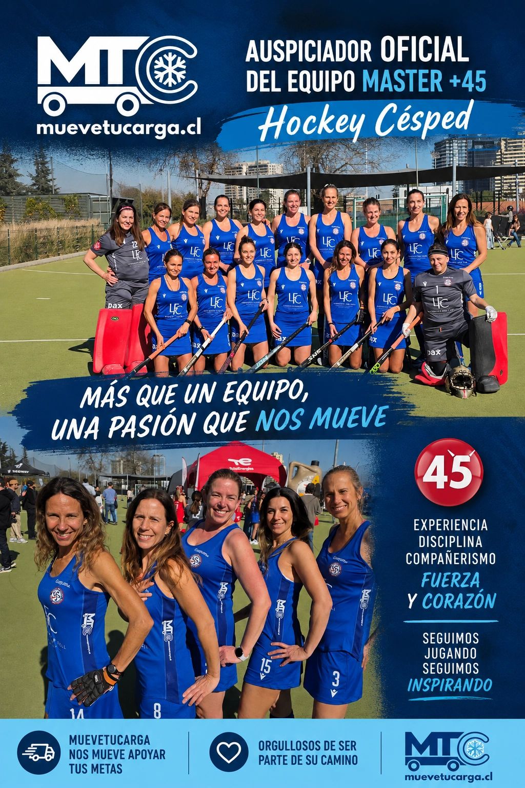 Equipo de hockey césped Master +45 patrocinado por Muevetucarga.cl.